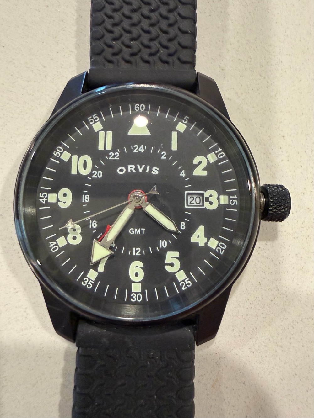 Orvis GMT Black Dial GMT Quartz Watch Date Stainless Steel Black Rubber Strap